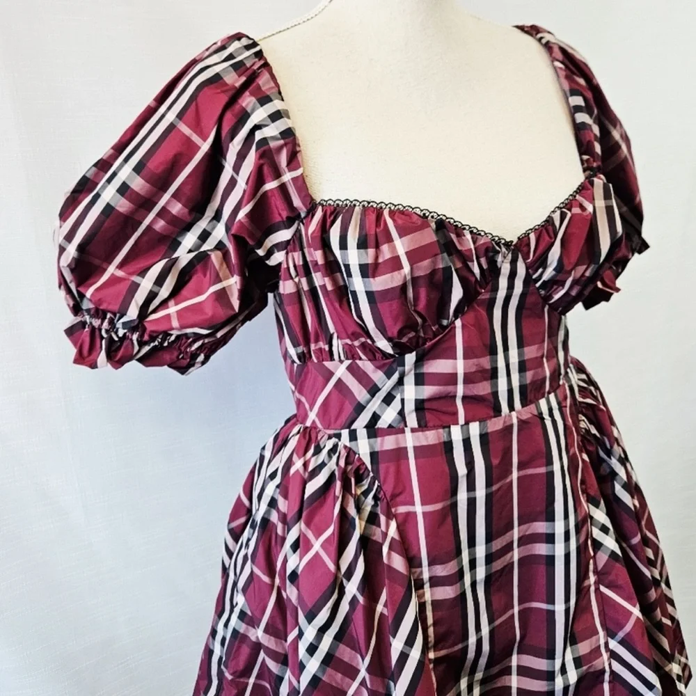 Anthropologie Maeve Plaid Maroon Tartan Burgundy Mini Puff Sleeve Dress Size S - Picture 4 of 15